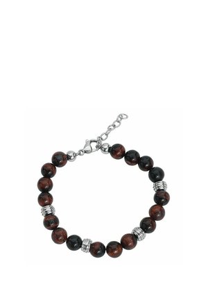 Bracelet with alternating dark brown and black round beads, separated by silver spacer beads and a silver lobster clasp with chain extender.