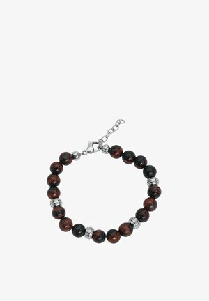 Armband mit abwechselnd dunkelbraunen und schwarzen runden Perlen, getrennt durch silberne Spacer-Perlen und einem silbernen Karabinerverschluss mit Verlängerungskette.