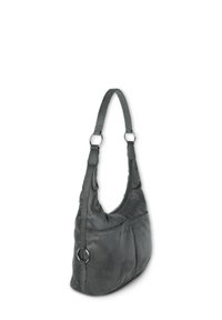 Gray leather shoulder bag with a curved shape, a single strap, and silver ring accents. Soft texture and a front pocket for additional storage.
