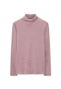 Top à col roulé à manches longues rouge et blanc à rayures, avec une texture côtelée, présentant un col haut et une silhouette ajustée.