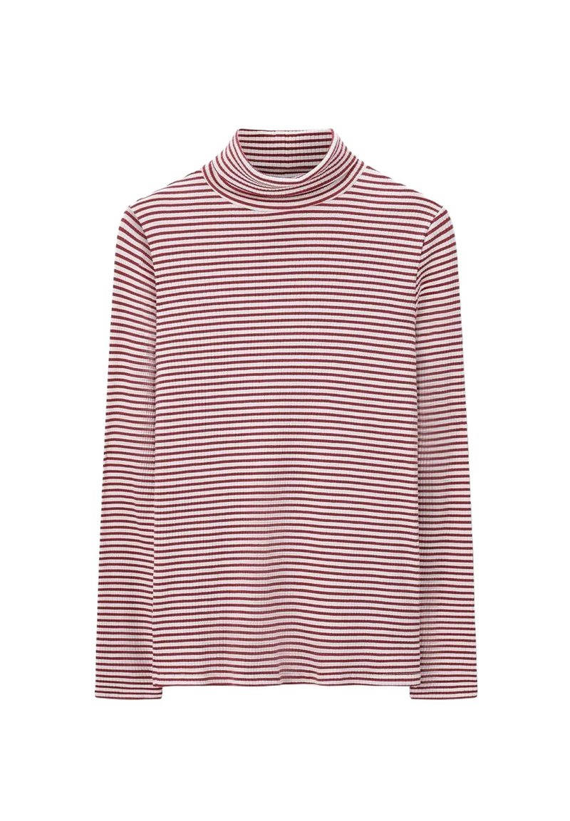 Top à col roulé à manches longues rouge et blanc à rayures, avec une texture côtelée, présentant un col haut et une silhouette ajustée.