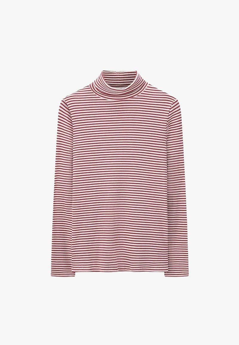 Red and white striped long-sleeve turtleneck top with ribbed texture, featuring a high neck and fitted silhouette.