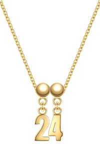Guldhalsband med kedja, prytt med två sfäriska detaljer och en hängande siffra 24. Slät textur, enkel design.