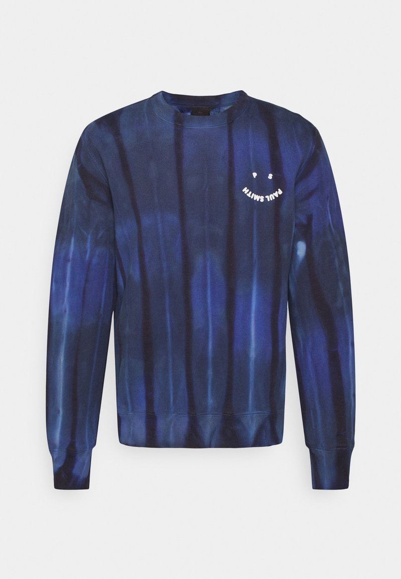 Navy blue tie-dye sweatshirt with long sleeves, ribbed cuff and hem, featuring a white graphic smiley face on the chest.