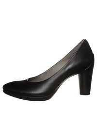 Escarpin noir en cuir avec talon haut, bout arrondi, surface lisse, et talon bloc texturé. Conçu pour la stabilité et le style.