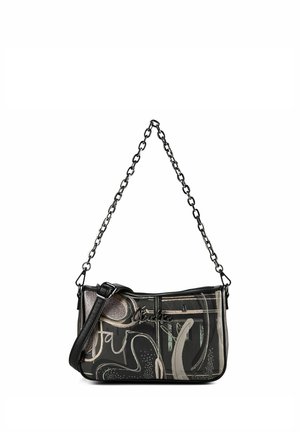 Borsa a spalla nera e beige con motivo astratto, tracolla a catena e tracolla in pelle regolabile, logo in metallo del marchio sulla parte frontale.