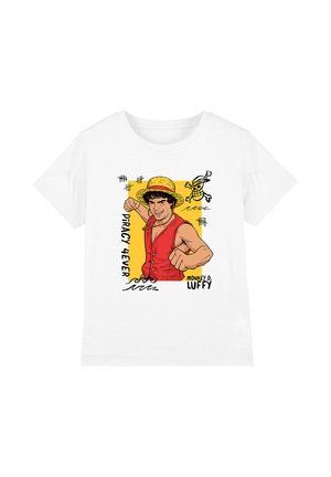 White t-shirt with a colorful graphic of a smiling man in a straw hat and red vest punching forward, with pirate symbols and text "Piracy 4ever".