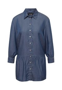 Dunkelblaue Jeanshemd mit Kragen, langen Ärmeln und einem gerafften Taillendetail. Mit fünf Knöpfen auf der Vorderseite.