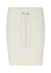 Cremfarbene Jersey-Rock mit tailliertem Design, Kordelzugbund mit goldenen Akzenten und geripptem Saum. Glatte Textur und minimalistischer Stil.