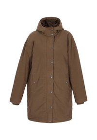 Parka maro, până la genunchi, cu glugă, butoni prin presare și buzunare laterale. Fabricat dintr-un material texturat, cu o croială relaxată și supradimensionată.