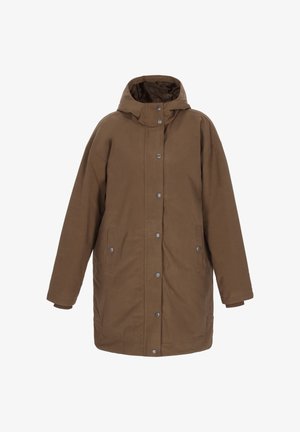 Rudas iki kelių ilgio parka su kapišonu, spaudėmis ir šoninėmis kišenėmis. Pagaminta iš tekstūruoto audinio, turi laisvą, per didelį siluetą.
