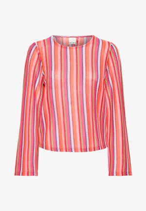 Pikema varrukaga kootud pluus, millel on roosade, punaste, oranžide, valgete, roheliste ja lillade toonide vertikaalsed triibud ning ümar kaelus.