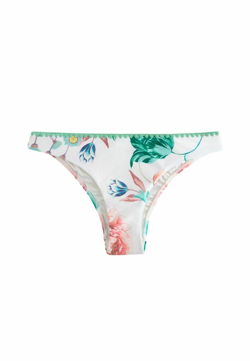 Chiloți tanga florali confecționați dintr-un material moale. Fundal alb cu modele florale roz și verzi. Vârful verde ondulat de-a lungul taliei.