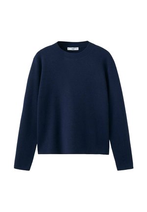 Marineblauer Pullover mit langen Ärmeln und Rundhalsausschnitt, mit geripptem Kragen, geradem Saum und einfachem, einfarbigem Strickstoff.