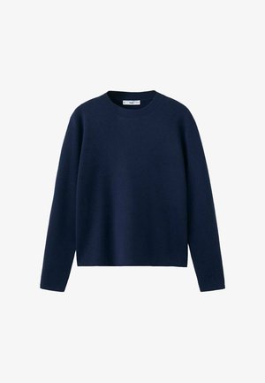 Tmavě modrý svetr s dlouhými rukávy, kulatým výstřihem, žebrovaným límcem, rovnými lemy a jednoduchou jednobarevnou pletenou strukturou.