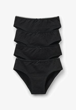 Ensemble de lingerie bikini en coton noir comprenant quatre pièces. Chaque pièce présente une texture lisse, une taille élastique fine et des accents de nœuds décoratifs.