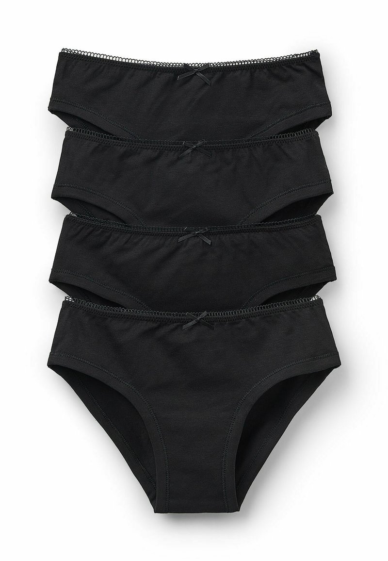Czarny zestaw bielizny bikini z bawełny, składający się z czterech par. Każda para ma gładką strukturę, cienki elastyczny pas i dekoracyjne akcenty w postaci kokardek.