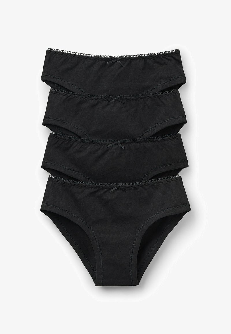 Schwarzes Baumwoll-Bikini-Unterwäsche-Set mit vier Paaren. Jedes Paar hat eine glatte Textur, einen dünnen elastischen Bund und dekorative Schleifenakzente.