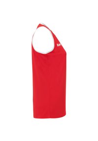 Rotes ärmelloses Sportshirt aus glattem Material. Mit weißem Saum am Hals und an den Seiten, mit dem "Kappa"-Logo auf der Vorderseite.