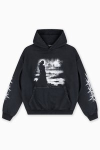 Black hoodie with a front graphic of a silhouette against a textured background, featuring white accents on the sleeves and a kangaroo pocket.