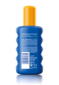 Blue plastic bottle with a yellow cap, containing 200ml sunscreen lotion, showing detailed usage instructions and ingredient list on the back.