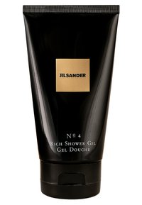 Svart tub av Jil Sander No. 4 Rich Shower Gel med en guldfärgad fyrkantig logotyp. Har ett flip-top lock och en minimalistisk textdesign i vitt.