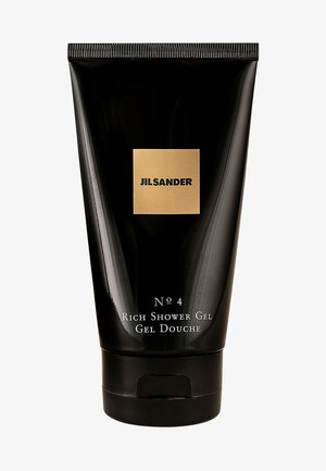 Svart tub av Jil Sander No. 4 Rich Shower Gel med en guldfärgad fyrkantig logotyp. Har ett flip-top lock och en minimalistisk textdesign i vitt.