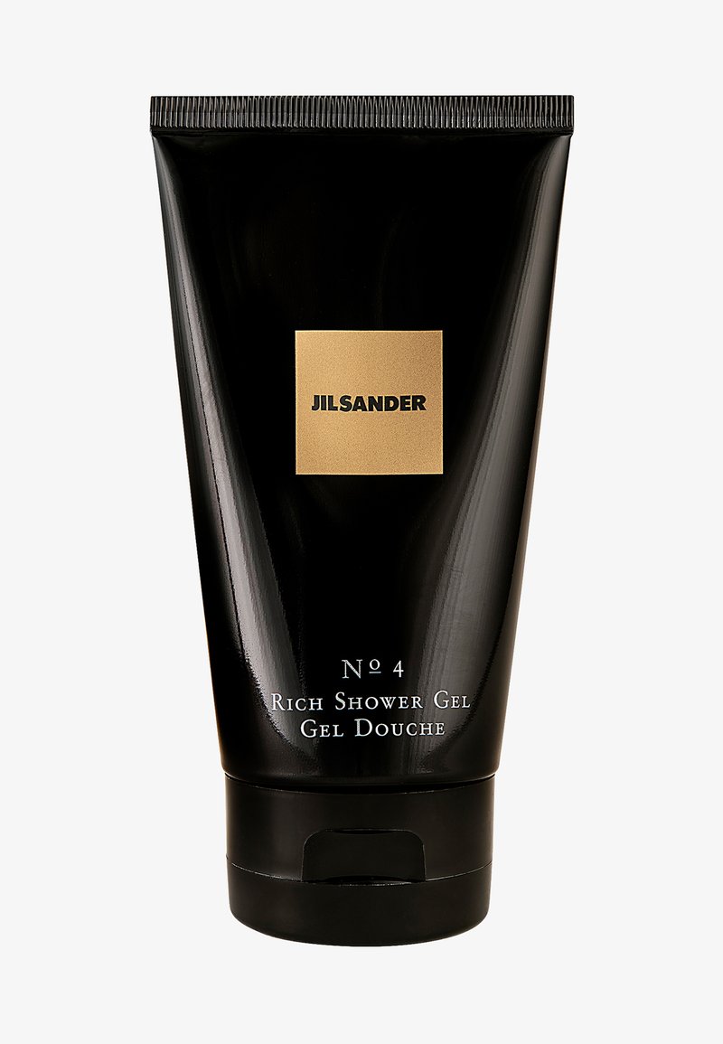 Svart tub av Jil Sander No. 4 Rich Shower Gel med en guldfärgad fyrkantig logotyp. Har ett flip-top lock och en minimalistisk textdesign i vitt.