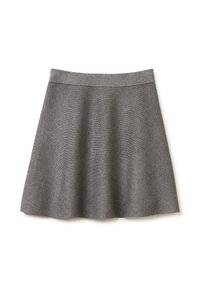 Grauer Wollmischrock mit ausgestelltem Design, breitem Bund und dezentem Muster. Er hat einen knielangen Schnitt, der vielseitige Stylingmöglichkeiten bietet.