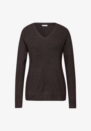 Ciemnobrązowy długi sweter z dzianiny, z dekoltem w kształcie litery V, prążkowaną teksturą i prostym wykończeniem.