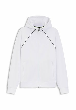 White hooded zip-up jacket with black piping along shoulder seams and two front zippered pockets, displayed flat on white background.