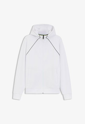 White hooded zip-up jacket with black piping along shoulder seams and two front zippered pockets, displayed flat on white background.