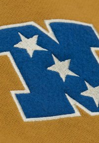 Tessuto marrone con un logo "N" in feltro blu decorato da stelle bianche. La texture è morbida, con colori a contrasto e dettagli ricamati.