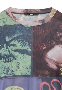 Short-sleeve t-shirt featuring a multi-colored graphic design, predominantly dark tones with green, blue, and red abstract patterns. Smooth texture.