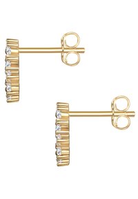 Zlatne naušnice s dugmem koje imaju teksturirani, rebrasti dizajn i šest malih ugrađenih prozirnih dragulja duž donjeg ruba.