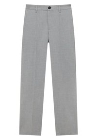 Lichtgrijze broeken met een gladde textuur, voorzien van een knoopsluiting, rechte pijpen en keurig geplooide voorvouwen.