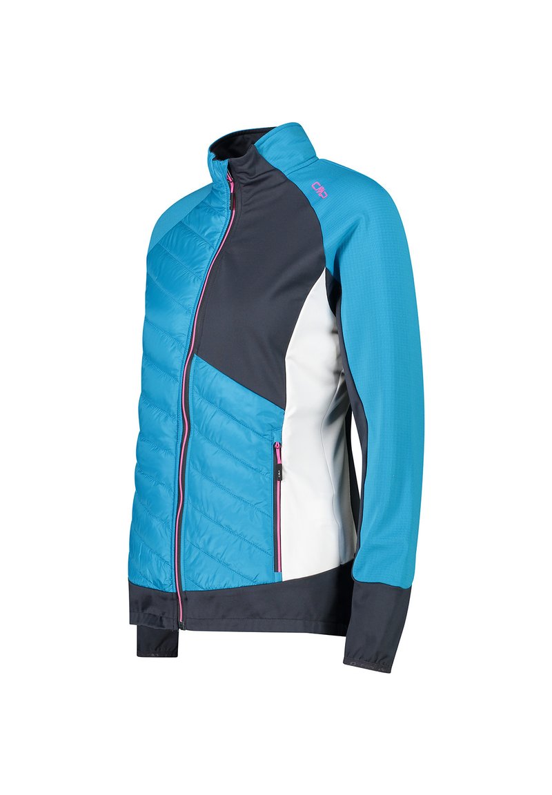 Giacca leggera con un mix di materiali in blu, grigio scuro e bianco. Tessuto trapuntato sulla parte anteriore, vestibilità standard, con dettagli rosa.