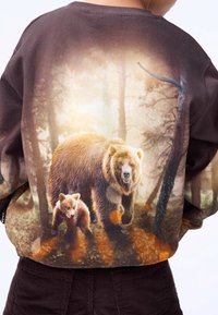Felpa con una grafica di orso e cucciolo sul retro; tessuto marrone scuro con una superficie liscia e sfondo sfumato nei toni terrosi.