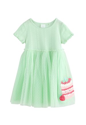 Vestido corto para bebé de manga corta en verde menta, con parte superior de punto texturizado, falda de tul con lunares y bordado de pastel de cumpleaños sonriente y fresa en la falda.