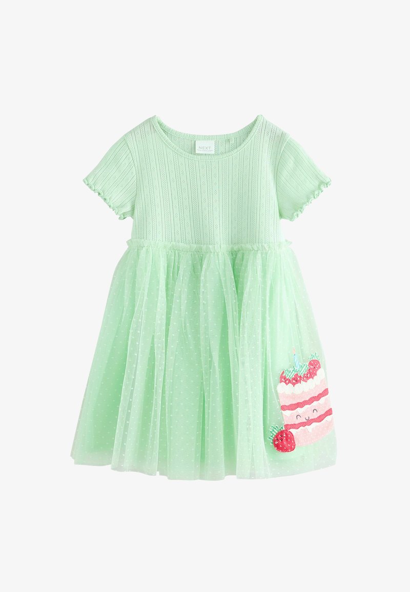 Robe bébé manches courtes vert menthe avec haut en maille texturée, jupe en tulle à pois, broderie de gâteau d'anniversaire souriant et fraise sur la jupe.