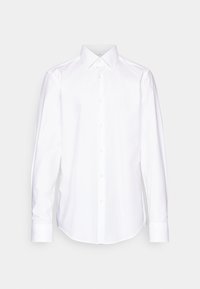 Camicia bianca a maniche lunghe in cotone testurizzato. Presenta un colletto classico, una chiusura frontale con bottoni e polsini con bottone.