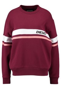 Felpa bordeaux con collo rotondo, strisce orizzontali bianche e rosa, e logo "DIESEL" in nero sul petto. Tessuto morbido, vestibilità rilassata.