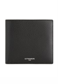 Black leather bi-fold wallet with a pebbled texture. Features a silver embossed logo at the bottom. Plain design, no visible hardware.