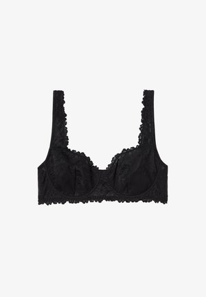 Soutien-gorge en dentelle noire avec armatures, motif floral détaillé, bords festonnés et bretelles réglables. Texture lisse et design structuré.