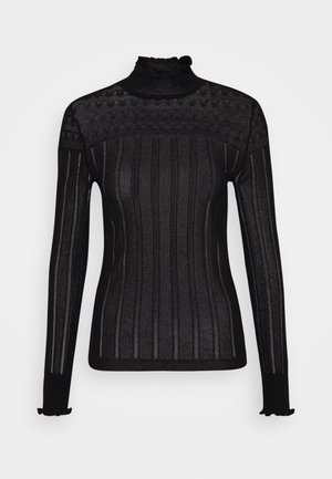 Top nero in maglia trasparente a maniche lunghe con righe verticali, collo alto arricciato e polsini arricciati abbinati sulle maniche.