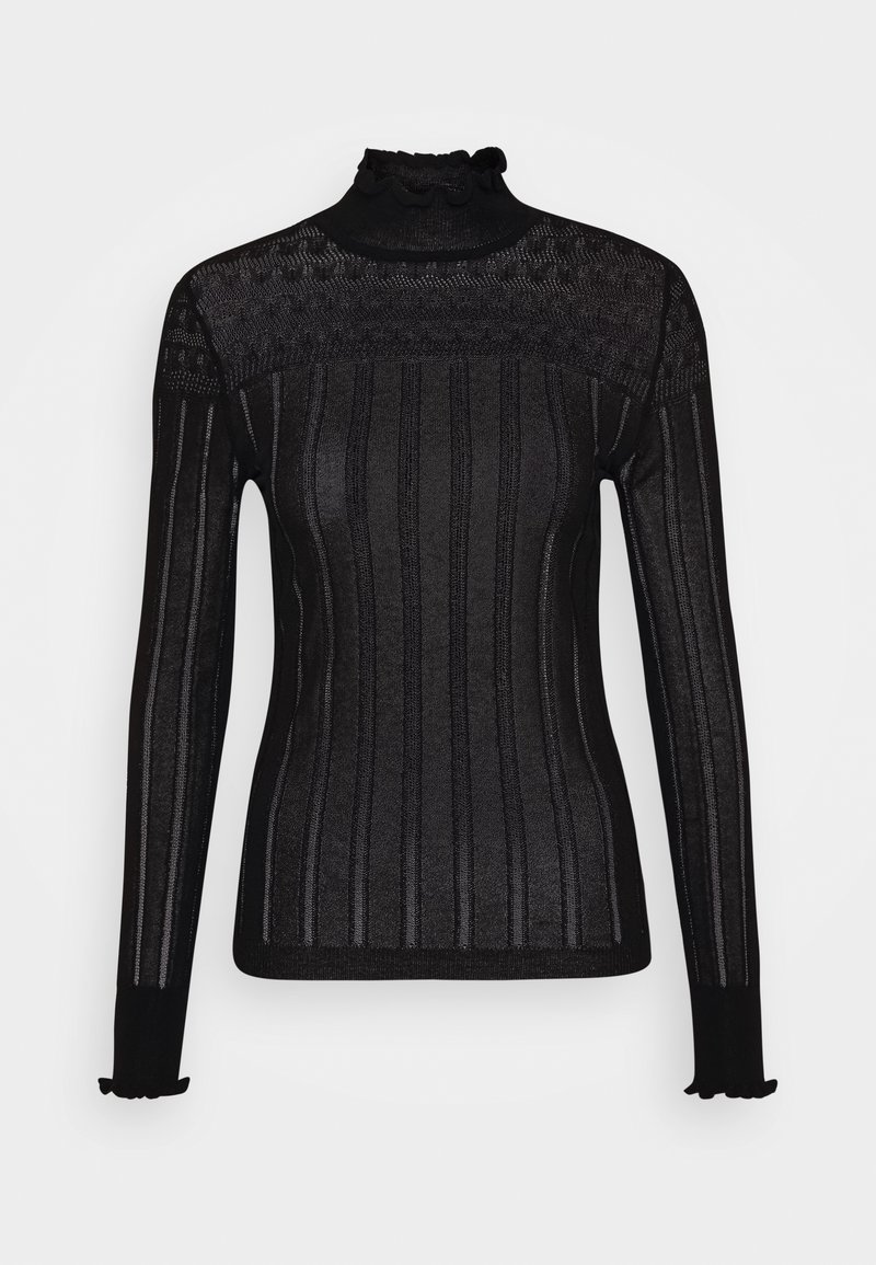 Haut en maille noire transparente à manches longues avec des rayures verticales, un col montant à volants et des poignets assortis à volants sur les manches.