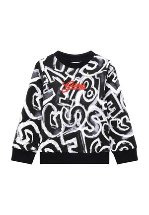 Sort sweatshirt med hvide graffiti-stil bogstaver og et rødt "Guess" logo centreret på brystet, med ribbet manchetter og kant.