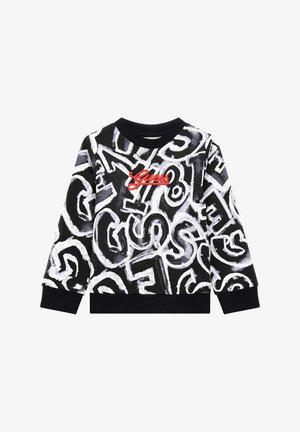 Sort sweatshirt med hvide graffiti-stil bogstaver og et rødt "Guess" logo centreret på brystet, med ribbet manchetter og kant.