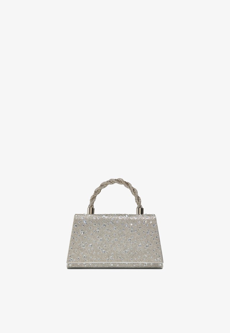 Petit sac à main trapezoïdal en argent incrusté de cristaux, doté d'une anse supérieure torsadée tressée et d'attaches métalliques.