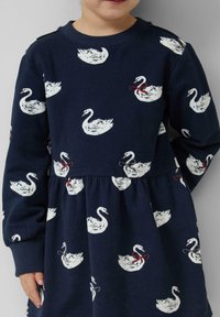 Tumes kleit pikade varrukatega, millel on valge luige muster ja punased lipsu detailid. Veniv kangas, volangseelik ja soonikkoesed kraed.